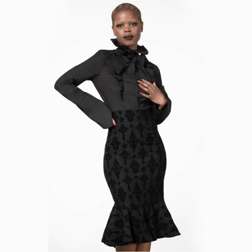 Killstar ✦ Flocked Midi Skirt ✦ Candence Gothic Fishtail Baroque Stretch Black S